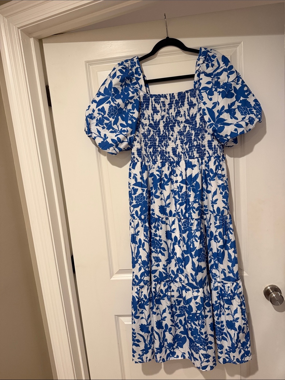 THML Blue and White Smocked Floral Midi Dress